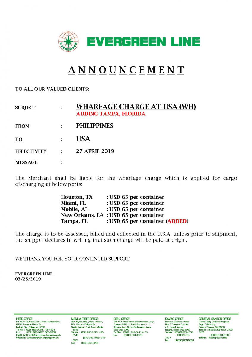 WHARFAGE CHARGE AT USA (WH) (ADDING TAMPA, FLORIDA) Philippines to USA
